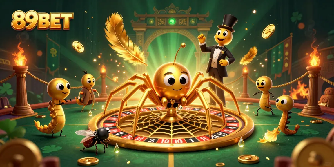 Engage with 89BET as a golden spider spins a roulette web amidst vibrant casino action.