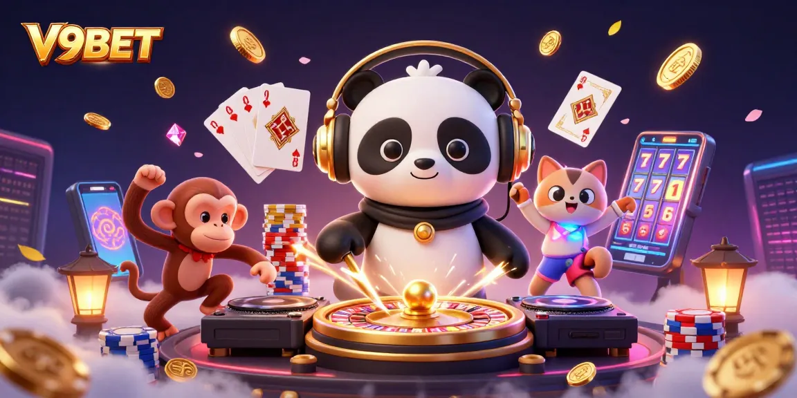 Experience the thrill at V9BET with a vibrant 3D casino illustration featuring a DJ panda and lively characters.