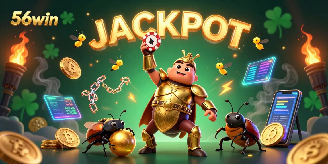 56win offers an exciting 3D illustrative depiction of a gambling victory, showcasing a hero beetle and crypto coins.