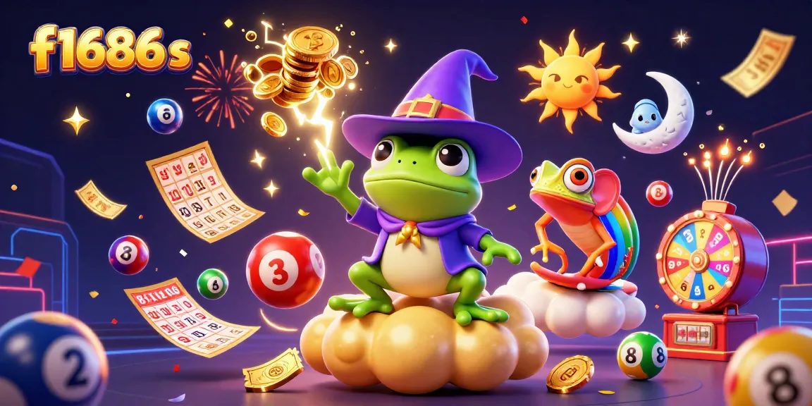 Engage with f1686 s as the weather wizard frog conjures a golden coin storm amidst vibrant gambling elements.