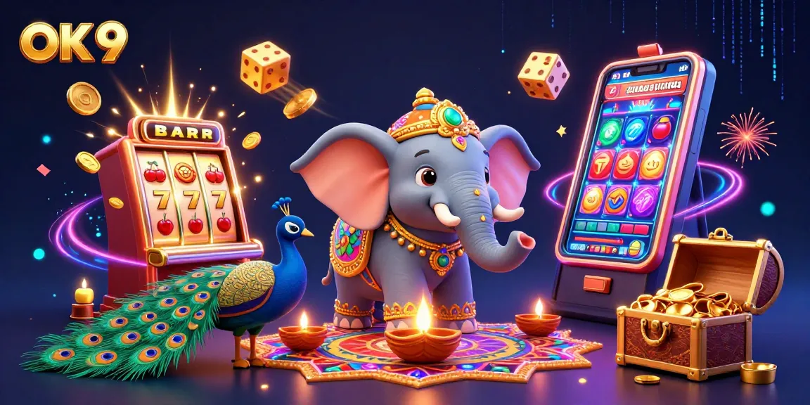 Experience thrilling gameplay with the vibrant OK 9 illustration featuring dynamic slots and colorful characters.