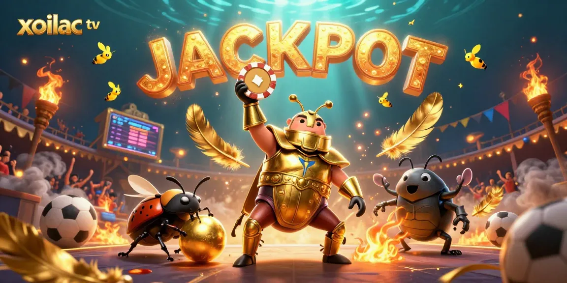 Xoilac TV celebrates a win as a beetle holds a poker chip, showcasing the thrill of live betting.