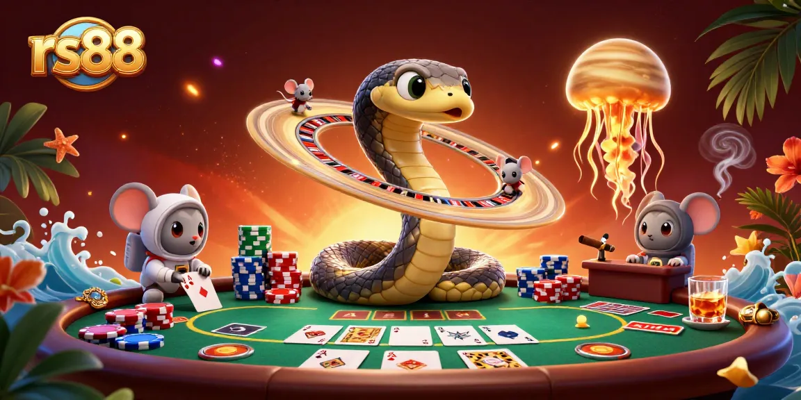 Join the excitement with rs88's unique casino scene featuring playful astronaut mice and a stunning cosmic dealer.