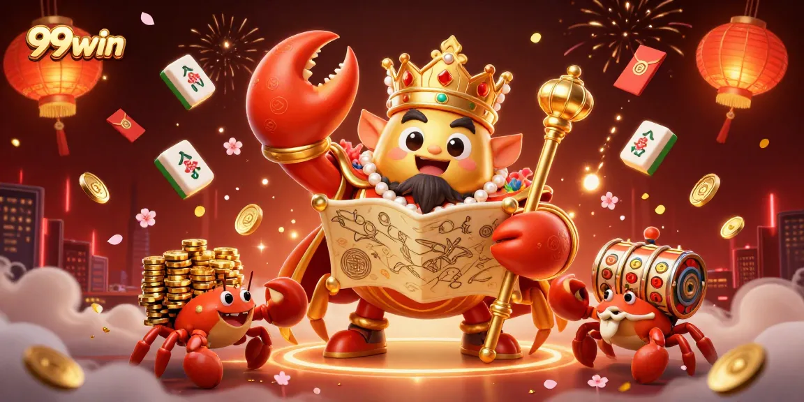 Experience exhilarating slot games with 99win's golden crab emperor amidst floating tiles and vibrant atmosphere.