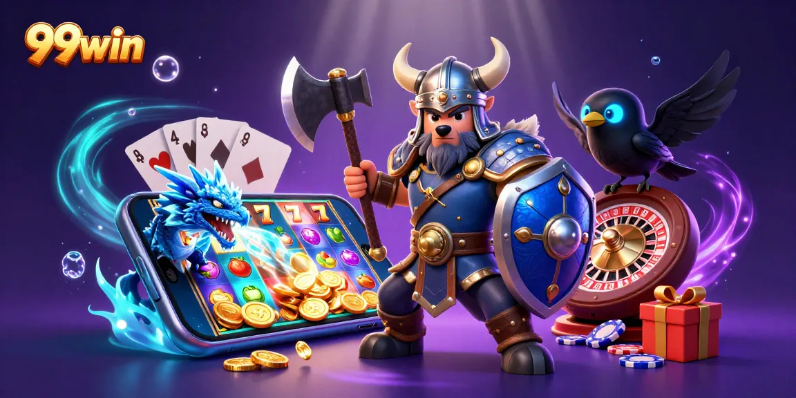 Win exciting rewards with 99win as Viking warriors battle in an enchanting casino scene.