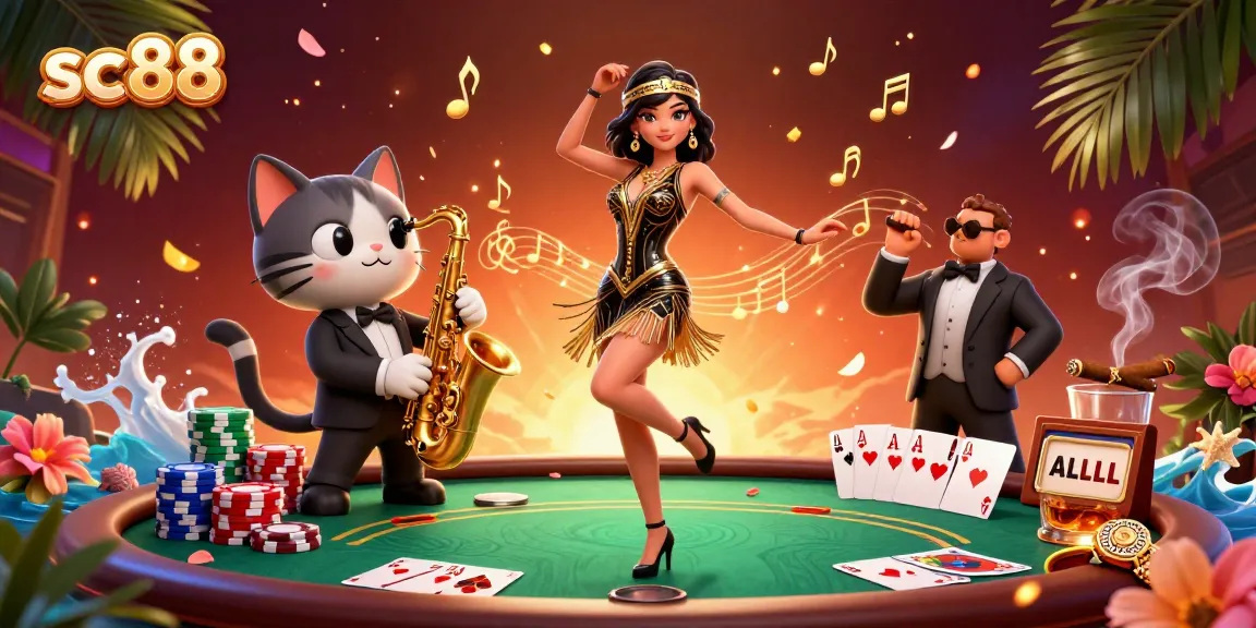 Engage with the sc88 casino scene featuring a stylish flapper dancer and a saxophone-playing cat amidst vibrant poker elements.