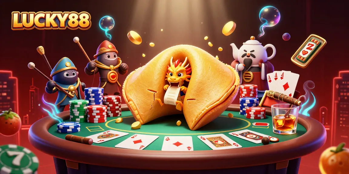 Play LUCKY88 with captivating golden fortune elements and poker action in a dynamic scene.