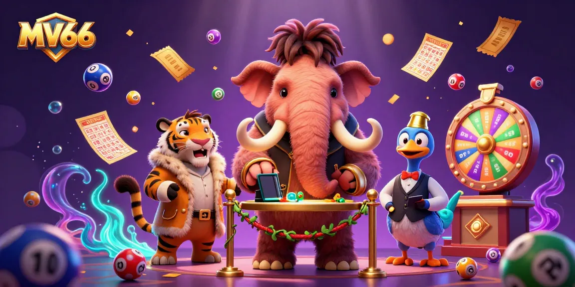 MV66 engages players as a cartoon bouncer and a saber-tooth tiger VIP amid vibrant lottery elements.