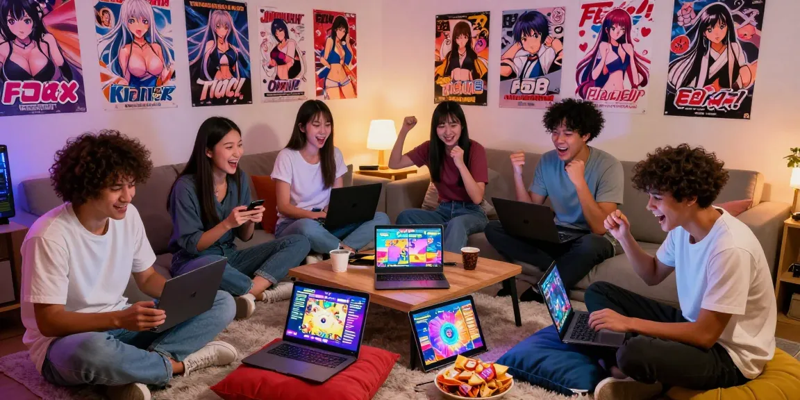 Group enjoying free ecchi games in a vibrant gaming session, showcasing diverse characters and lively atmosphere.