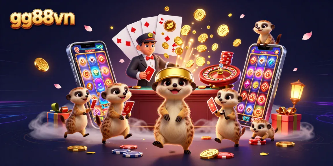 Engage with gg88vn's dynamic casino action featuring meerkats in a colorful gaming scene.