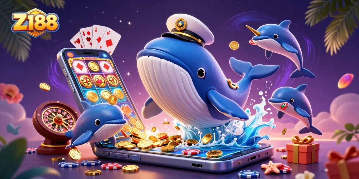 Z188 captures a vibrant scene with a whale and dolphins among casino elements and gaming excitement.