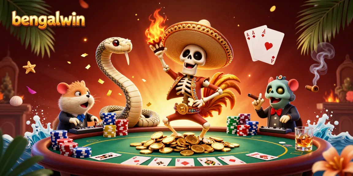 Bengalwin showcases a vibrant scene with a dancing mariachi rooster, mummy snake, and DJ hamster celebrating wins at a poker table.