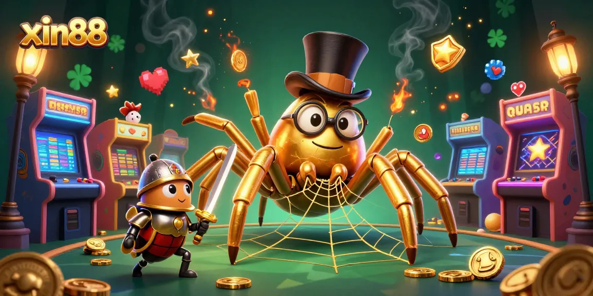 Engage in thrilling gameplay at xin88, where a brave beetle knight faces off against the golden tarantula in a vibrant casino scene.