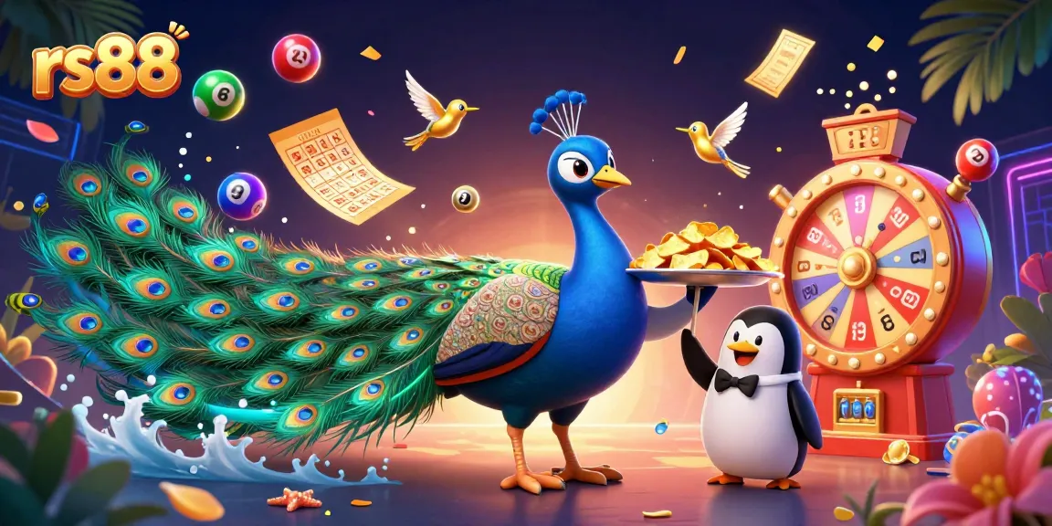 Engage with rs88 through vibrant illustrations of thrilling lottery experiences featuring a peacock and penguin.