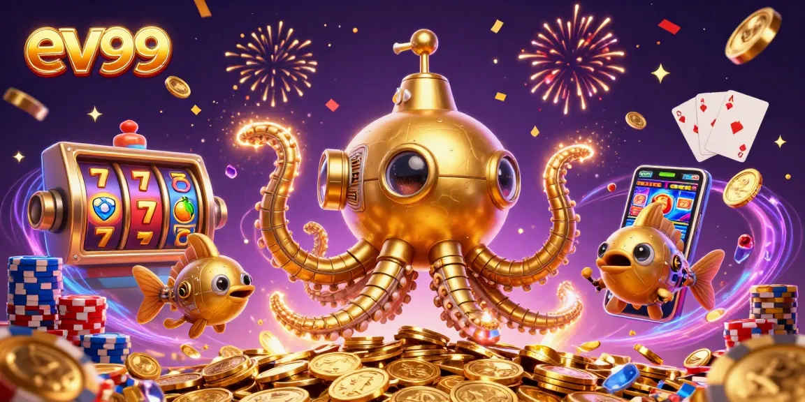 ev99 showcases a vibrant 3D casino scene with mech fish and golden kraken amid cascading coins.
