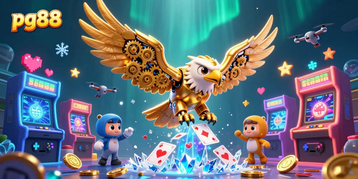 Experience the thrilling action of pg88 with a vibrant 3D illustration of a golden eagle diving through holographic cards and arcade machines.