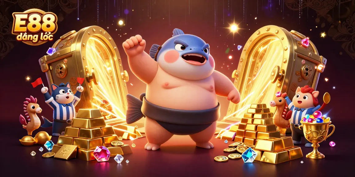 Join the action with E88 đăng nhập, featuring a lively underwater casino scene with engaging characters and rich treasures.