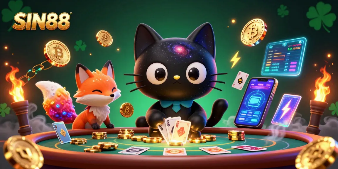 SIN88 showcases a vibrant cosmic casino scene with colorful characters pulling in golden chips and cards.