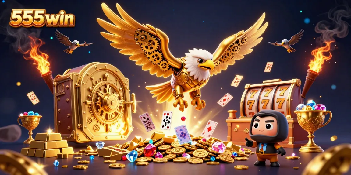 Experience the excitement of winning with 555win's vibrant casino-themed illustration featuring golden treasures and slot symbols.