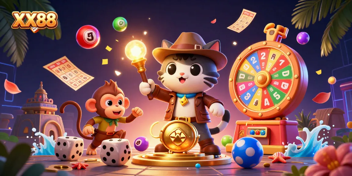 Win big at XX88 as a cartoon archaeologist cat uncovers golden casino treasures amidst dynamic gambling elements.