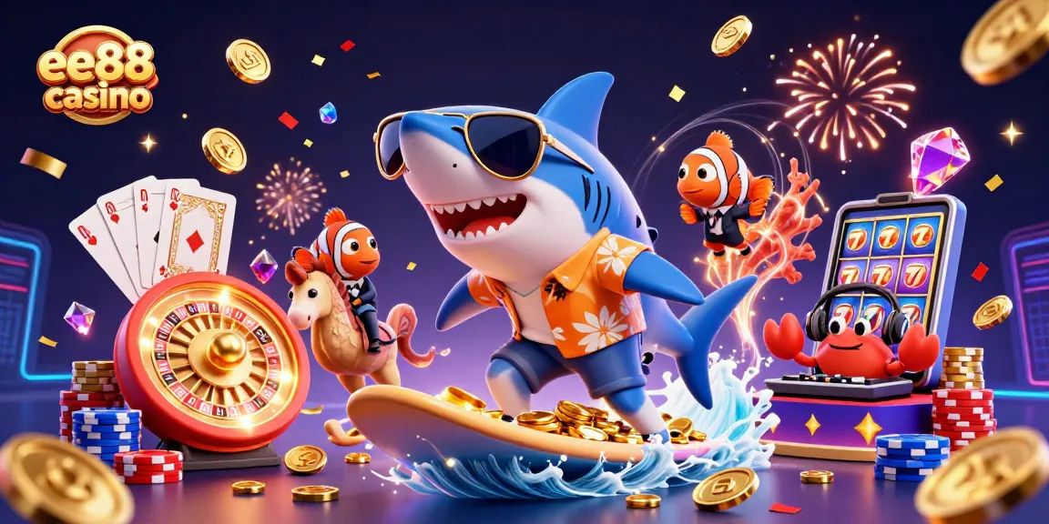 Experience the thrill of ee88 casino with a dynamic scene of vibrant characters and casino elements.