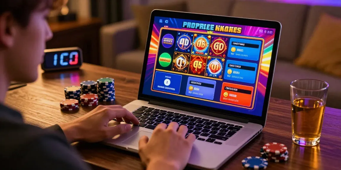 Engaging scene at credit card casinos featuring gaming laptop, payment options, and vibrant graphics.