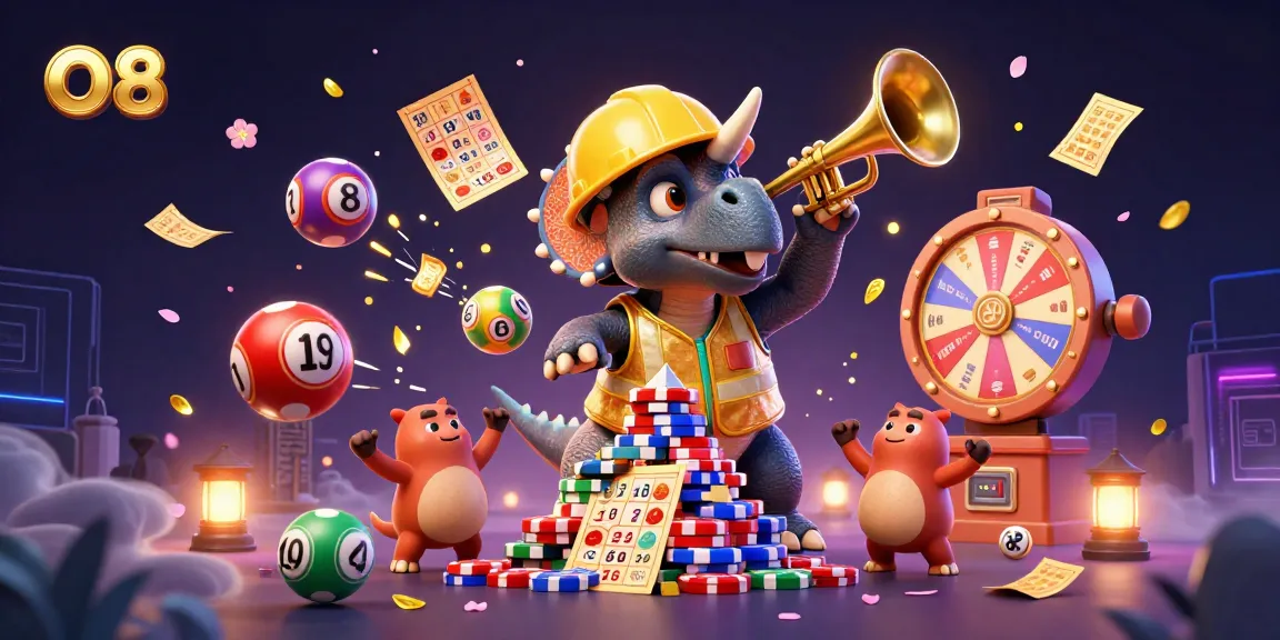 Join the excitement at O8 with a vibrant casino scene featuring a triceratops and friends celebrating wins!