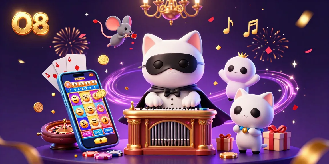 Experience vibrant casino gaming with O8, featuring a phantom cat and mouse acrobat amidst exciting symbols.