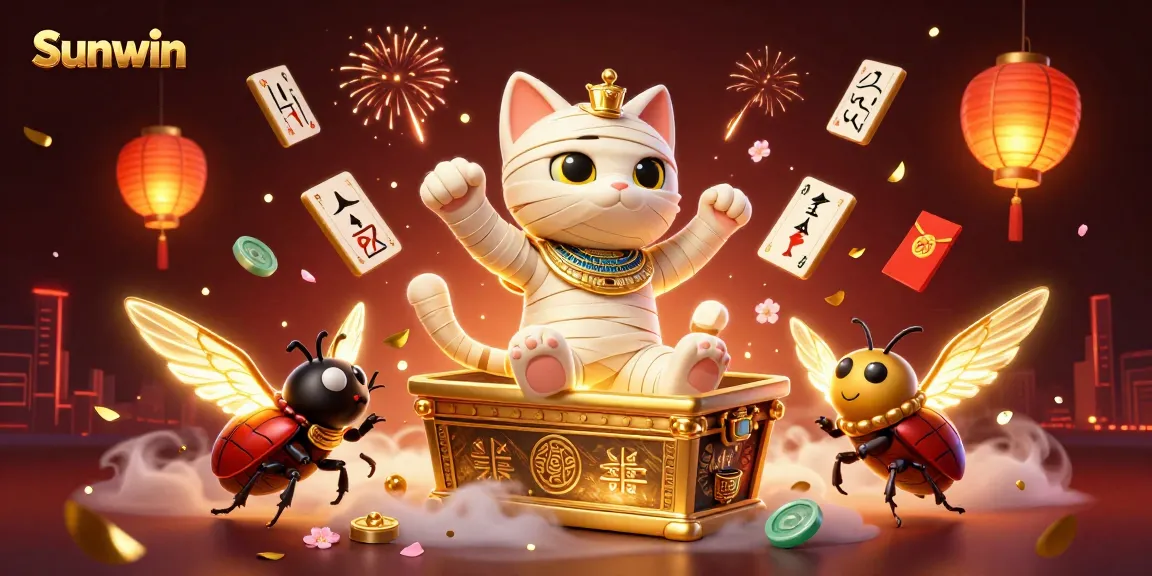 Experience thrilling gameplay at Sunwin with an Egyptian mummy cat and scarab beetle in a vibrant casino scene.