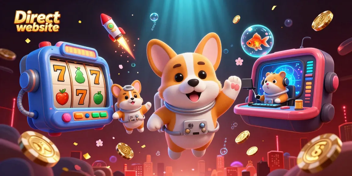Engage with the Direct website casino featuring a 3D floating corgi astronaut in a lively space scene filled with slot reels and gold coins.