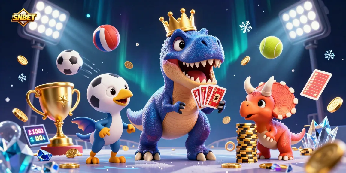 Experience the excitement of SHBET with playful dinosaur themes in a vibrant casino scene.