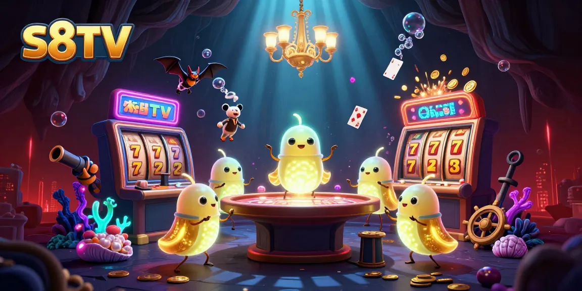 S8TV features a lively casino scene illuminated by glowworms amidst slot machines and treasures.