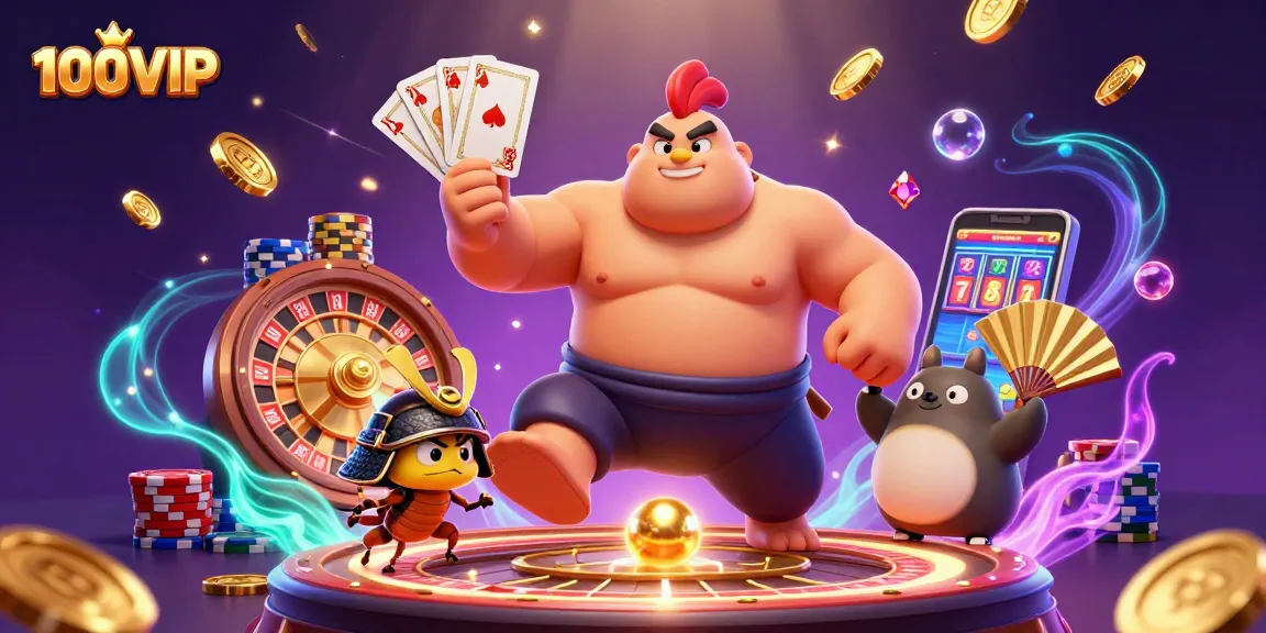 Experience the excitement at 100VIP with a 3D illustration of casino adventure and dynamic game elements.