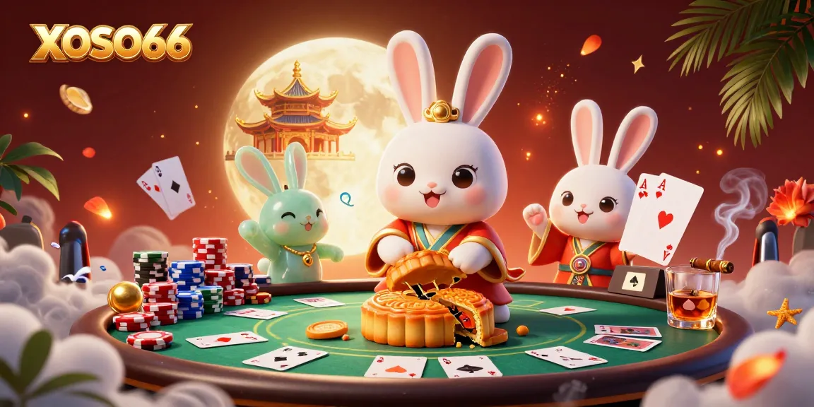 Engage with the vibrant playful scene of XOSO66 as a moon rabbit reveals poker chips from glowing mooncakes amidst a lively casino environment.