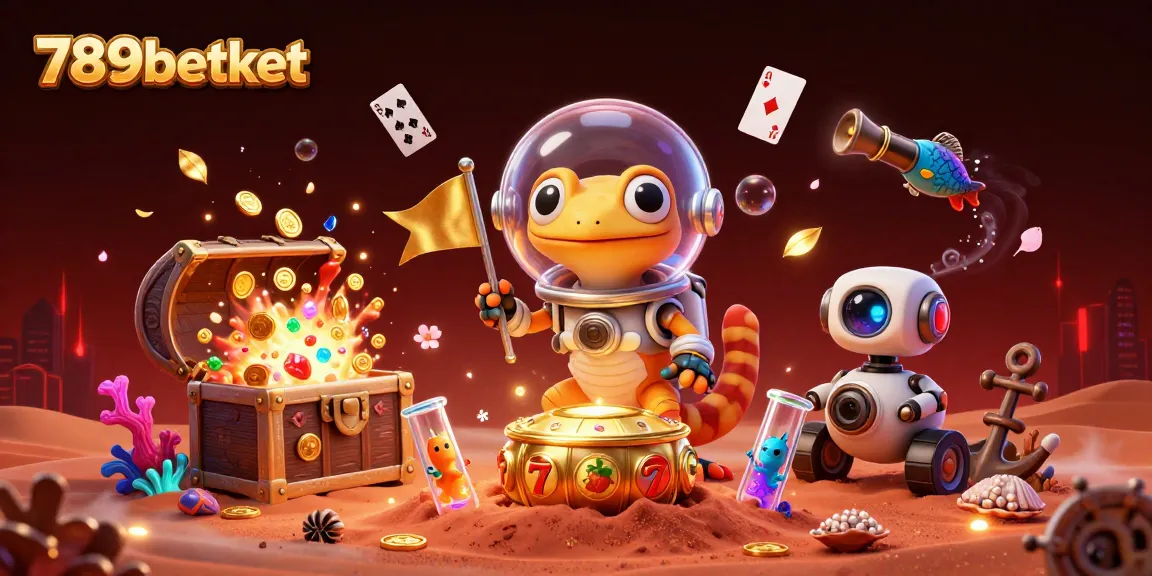 Win big at 789betket while a Martian gecko explores a golden casino in this vibrant scene.
