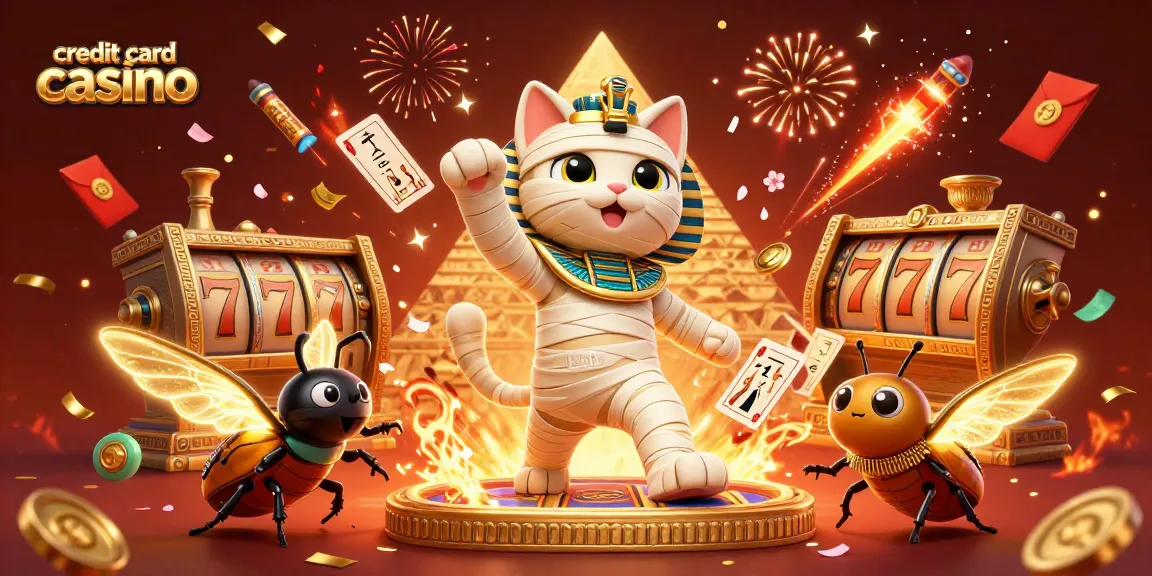 Experience the excitement of credit card casino gaming with a glowing Egyptian mummy cat amidst epic casino elements.
