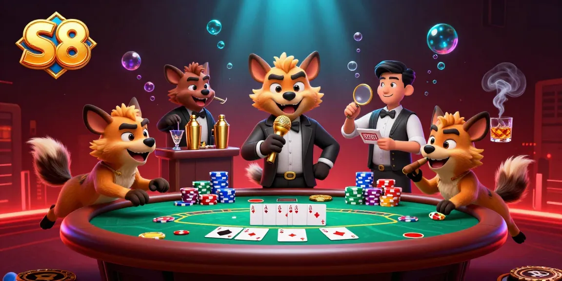 S8 platform showcases playful hyenas in a vibrant casino scene, highlighting games and entertainment.