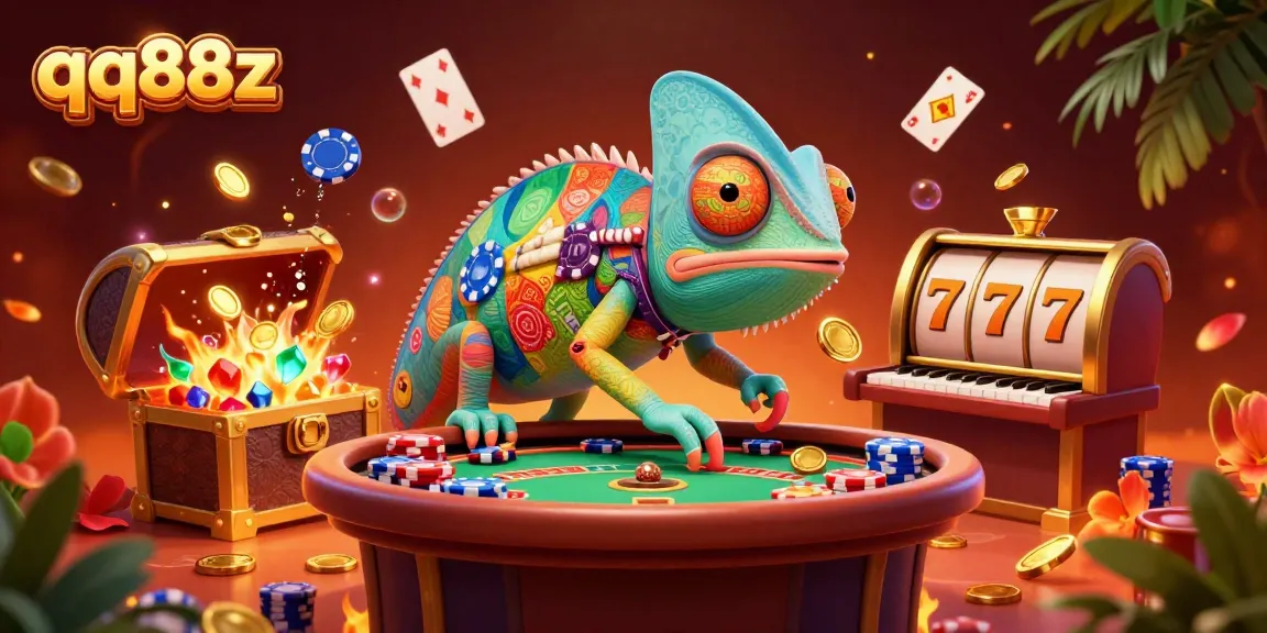 Engage with qq88z as the dynamic chameleon casino owner attracts golden coins amidst colorful gaming elements.