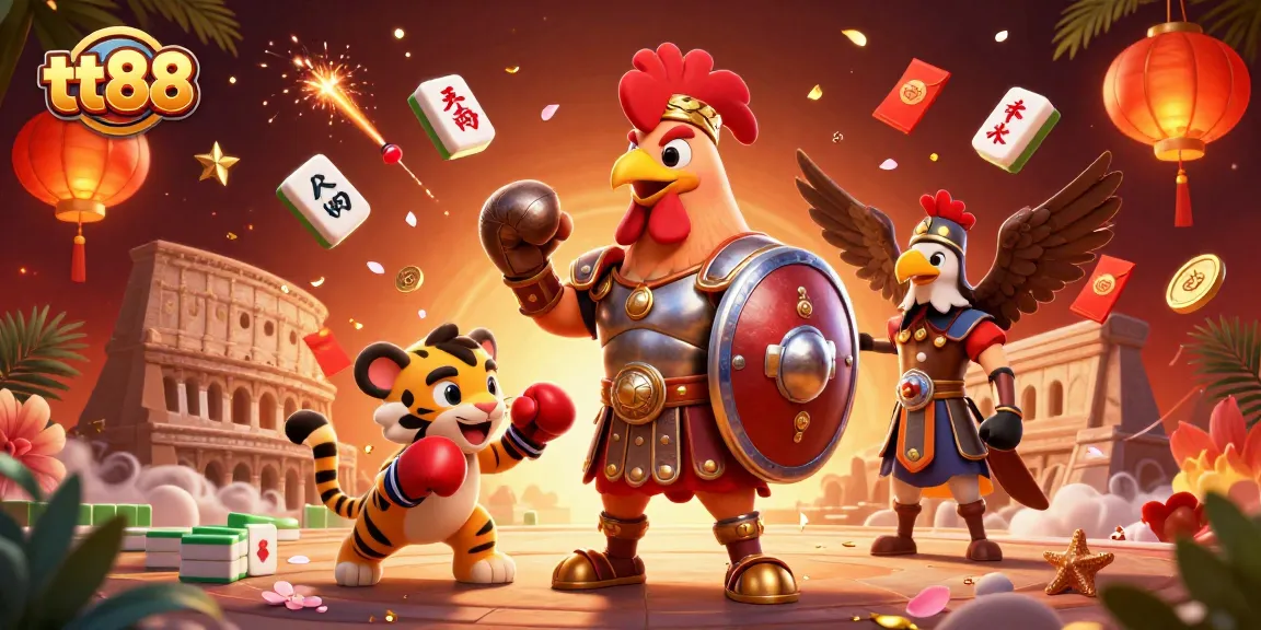 Experience the thrilling action at tt88 with a gladiator rooster and a tiger cub in a lively casino setting.