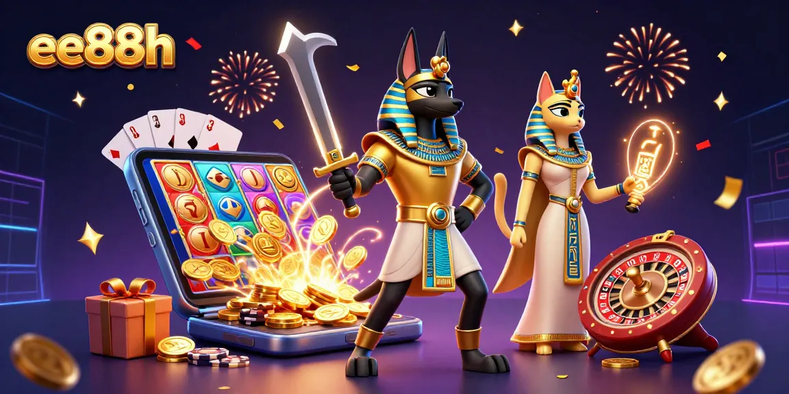 Experience thrilling wins with ee88h in a vibrant casino scene featuring Anubis and Bastet.