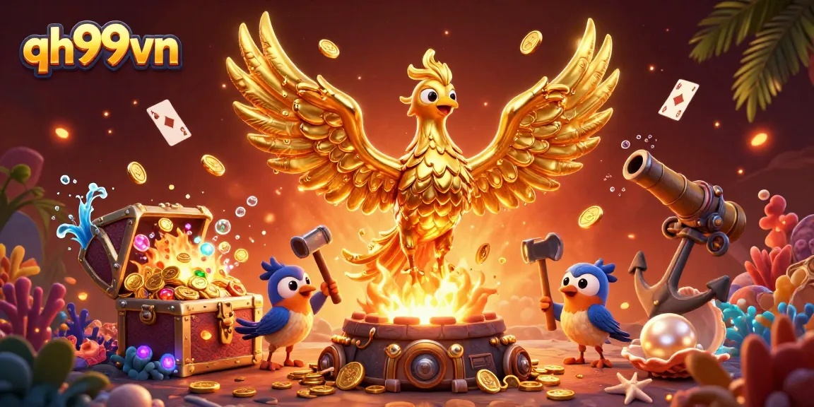 Engage with the vibrant world of qh99vn, where a golden phoenix emerges surrounded by casino treasures.