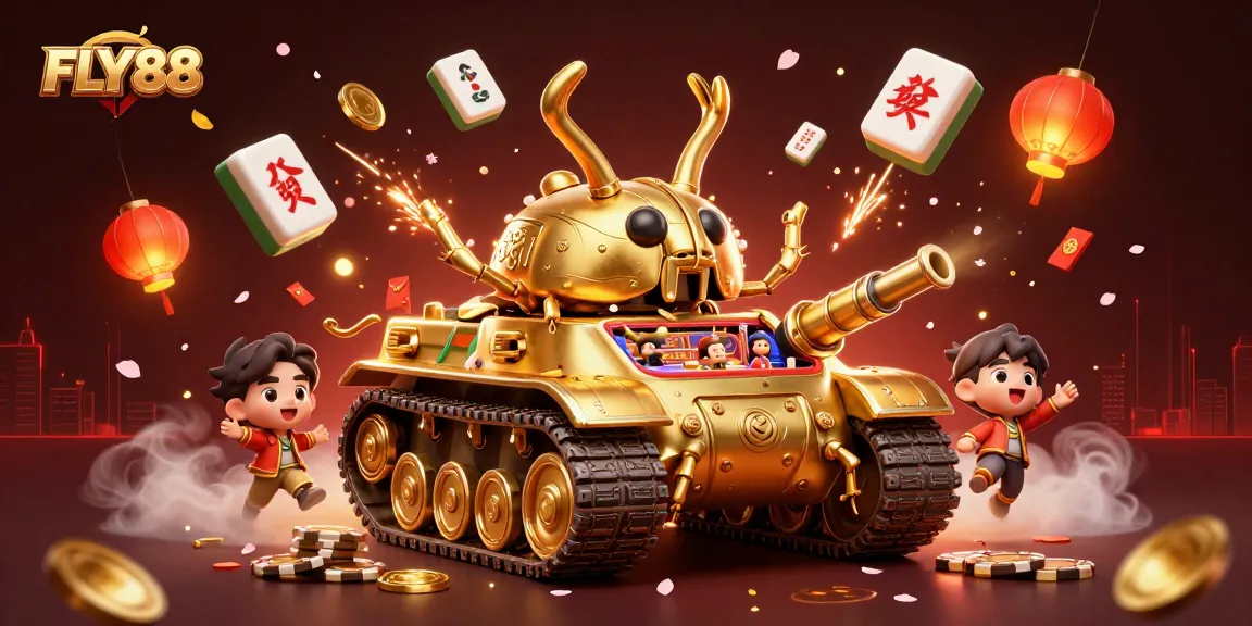 Experience FLY88's vibrant casino adventure with a golden beetle tank and lively game elements.