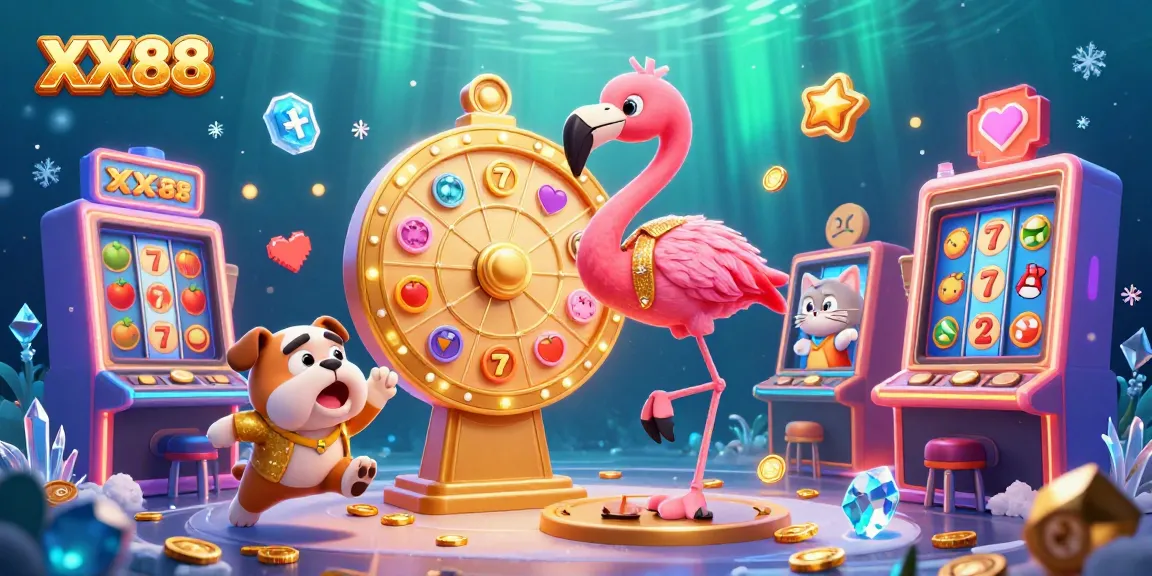 Spin the prize wheel with XX88's vibrant casino characters including a flamingo and bulldog.