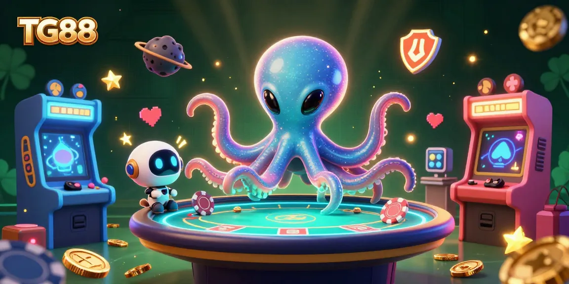 Engage with TG88's vibrant alien casino scene featuring holographic poker fun.