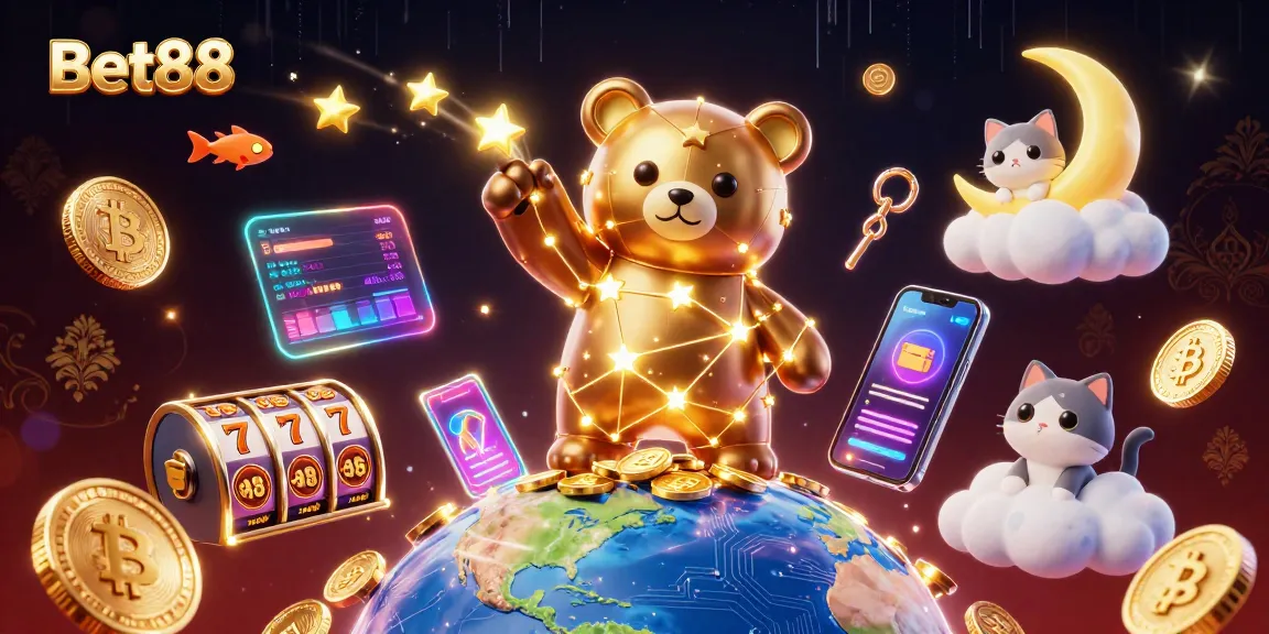 Bet88 shines as a magical constellation bear scoops up coins amidst a vibrant crypto casino.