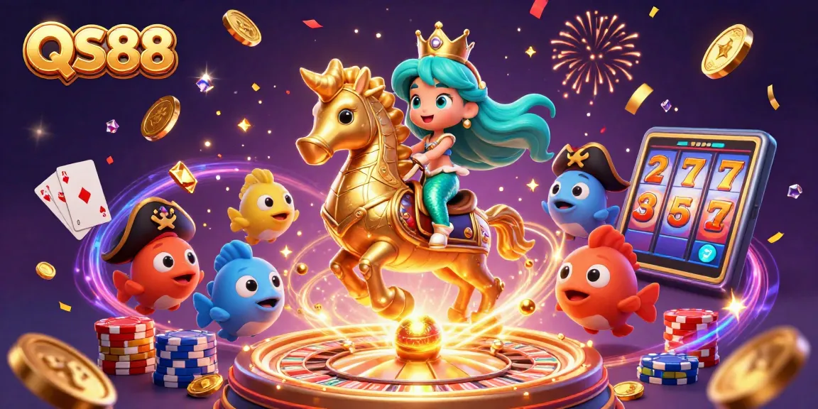 Engage with QS88's thrilling 3D casino scene featuring vibrant characters and dynamic gaming elements.
