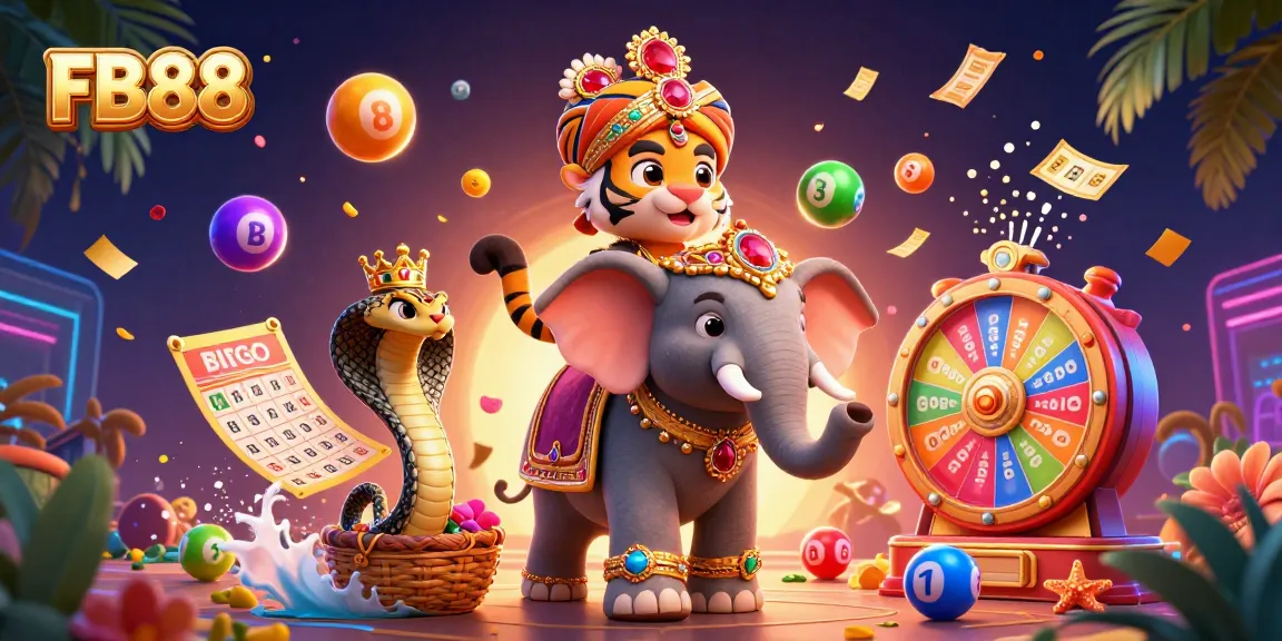 Experience thrilling games at FB88 with a vibrant 3D casino scene including lottery balls and a majestic elephant.
