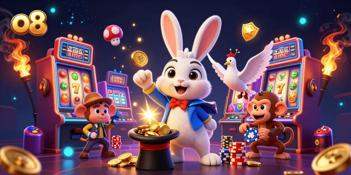 Engage with the captivating o8 casino world featuring a magician rabbit, dove, and monkey amidst dazzling slot machines.
