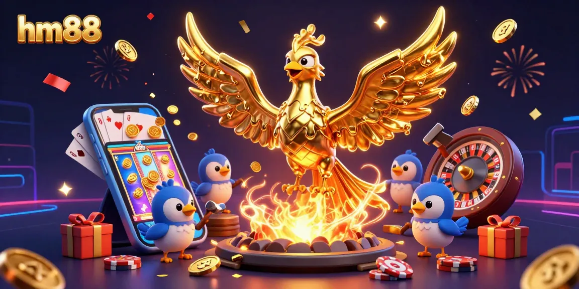 Engage in popular slots at hm88 with a dynamic 3D casino illustration showcasing vibrant gaming elements.