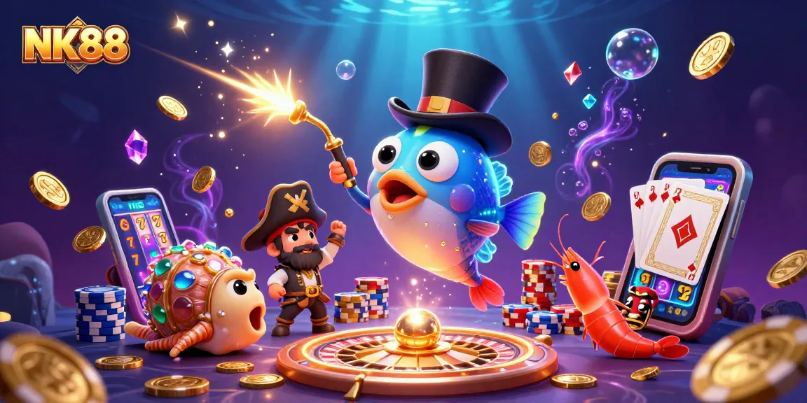 NK88's dynamic scene: an anglerfish, pirate shrimp, and gemstone snail attract golden coins in a vibrant casino setting.
